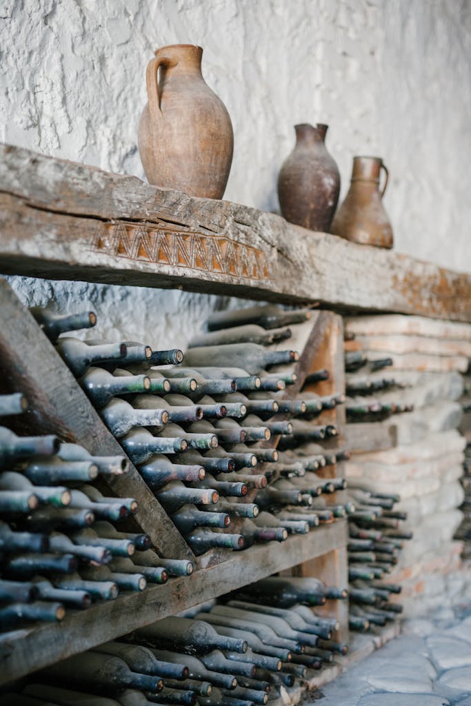 Explore an aged wine cellar with dusty bottles and rustic clay jugs on wooden shelves, capturing a sense of history.